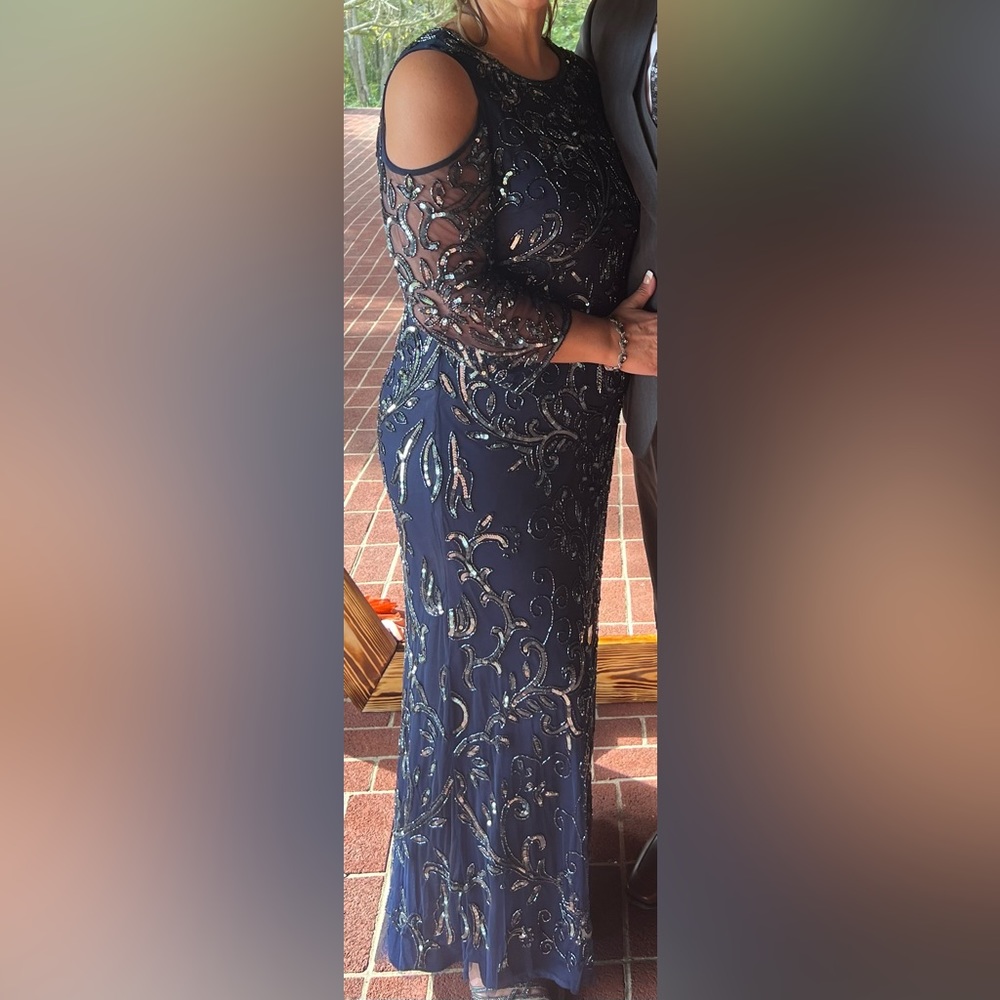 Navy Blue Pisarro Nights beaded gown. Great mother of bride/groom dress